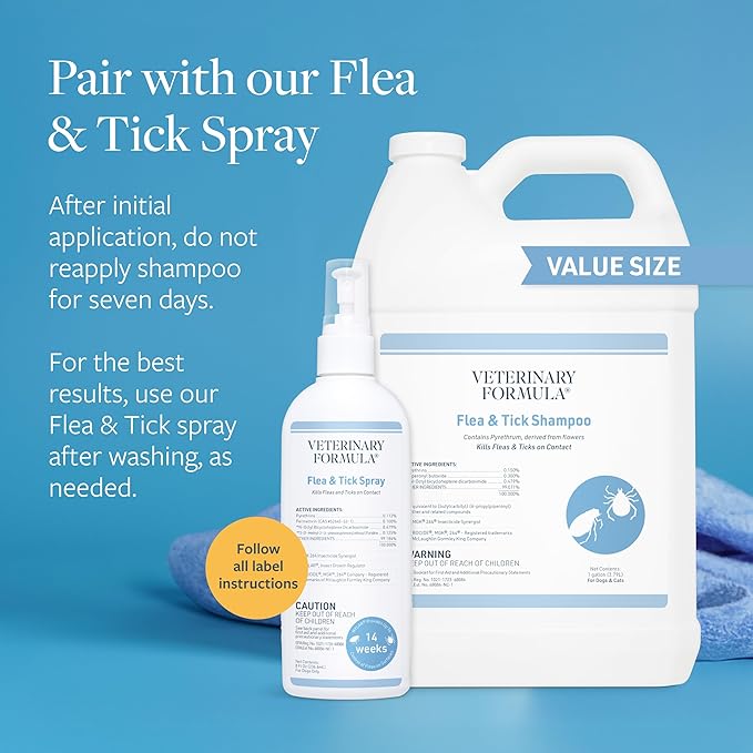 Veterinary Formula Flea and Tick Shampoo for Dogs and Cats, 1 Gallon – Dog and Cat Flea Shampoo with Pyrethrum to Kill Fleas, Ticks On Contact – Cleanses and Exfoliates