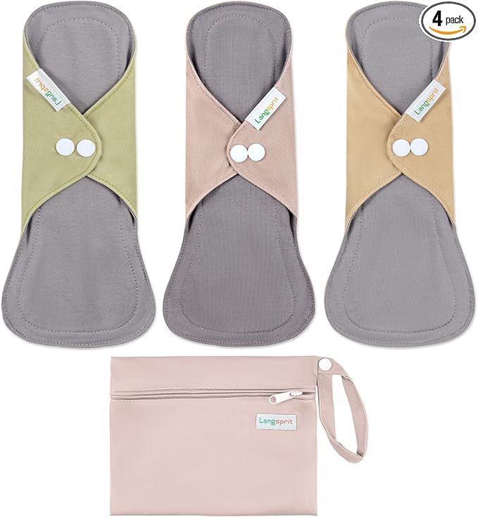 Langsprit Cotton Reusable Period Pads for Women, Washable Pads Menstrual, Regular Absorbency Cotton Cloth Menstrual 3pcs Set with Mini Wet Bag, Suitable for Menstrual Period