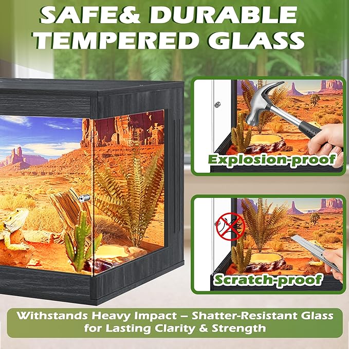 Royxen Tempered Glass Reptile Enclosure,Reptile Tank with Wooden Mesh Top and Lockable Design,26 Gallon Bearded Dragon Tank for Lizard Gecko Tortoise Snake Habitat,24" x 16" x 16",Black
