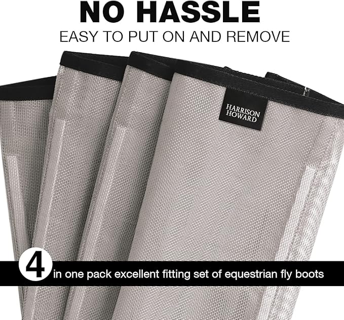 Harrison Howard Loose Fitting Fly Boots UV-Protective Extra Tough Mesh Ventilated Four Fasteners Stay-on Design Protect Horse Legs & Stomp-Reducing Set of 4 Original Grey Pony