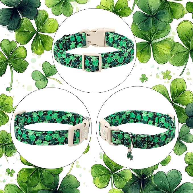 St Patricks Day Dog Collar for Giant Large Dogs - Green Lucky Clover Dog Collars, Lightweight Adjustable Irish Festival Shamrock Dogs Collars with Quick Release Buckle XL