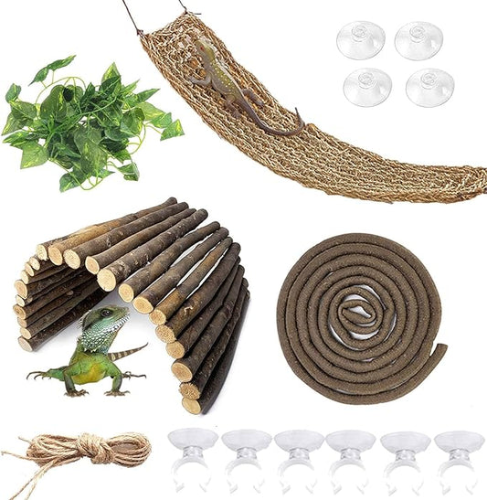 kathson Bearded Dragon Hammock Reptile Hideout Wooden Bridge Jungle Climber Vines Flexible Reptile Leaves with Suction Cups Reptile Habitat Decor for Chameleon, Lizards, Gecko, Snakes Climbing Hiding