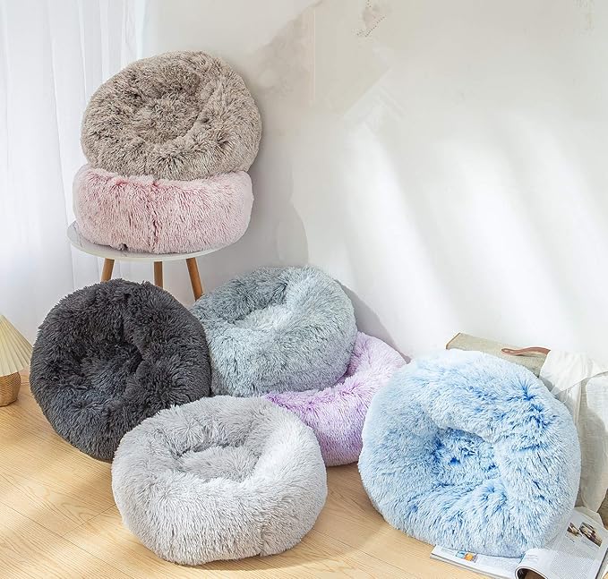 Donut Bed Medium Size Dog, Calming Soft Round Cuddler Dog Beds Fluffy Plush Faux Fur Pet Beds (24", Dark Grey)