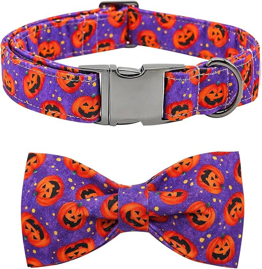 Dog Collar - Halloween Pumpkin Bowtie Pet Collar Gift Soft Bow Collar Pet Adjustable Metal Buckle Puppy Collars for Small Dogs