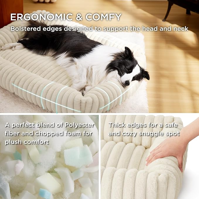 Bedsure Cute Dog Bed for Extra Large Dogs - Washable Furry XL Pet Beds, Rectangle Orthopedic Corduroy Fleece Pet Beds with Removable Zipper Cover, 43x30x8inches, Cream