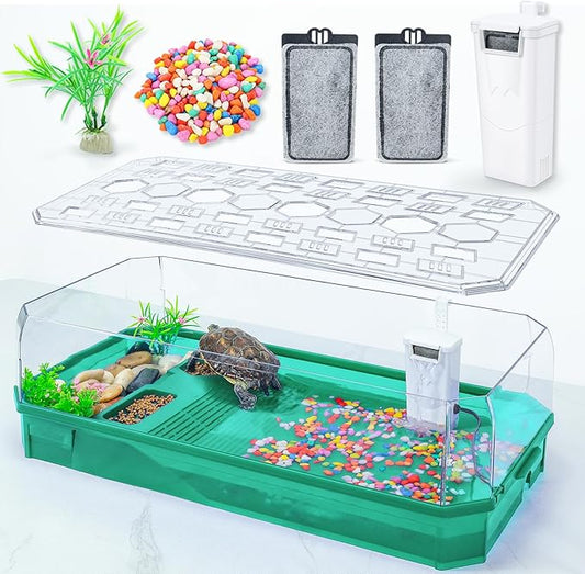 Turtle cage Tortoise Terrarium with Pump＆Filter with Shower Function Easy to Change Water and Clean Water for Turtle Horned Frog Hermit Crab Green, XL