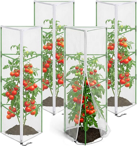 4 Pcs Garden Bird Netting for Triangle Plant Cage, 59" x 20" x 20" Tomato Cage Garden Net Cover with Zipper, Tomato Trellis Insect Bird Barrier Protection Mesh for Vertical Climbing Plant Vegetable