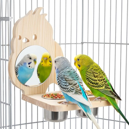 Feeder with Acrylic Mirror & Stainless Steel Bowls, Natural Wood Perch, Cage Accessories, Parakeet Cage Supplies, Tool-Free Adjustable Kit for Parakeet, Cockatiel & Lovebird