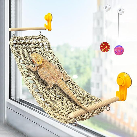 VCEPJH Bearded Dragon Hammock Large Reptile Window Perch Seagrass Climbing Tank Accessories Lizard Lounger Bed with Powerful Suction Cups Bearded Dragon Toys for Gecko Chameleon Basking (19.68 * 7.87)
