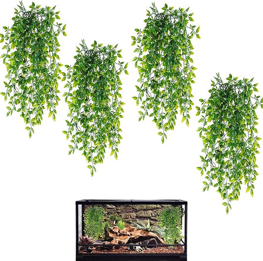 HERCOCCI Reptile Plants, 4 Pack Terrarium Hanging Plants Vines Artificial Leaves Habitat Decorations with Suction Cup for Bearded Dragon Hermit Crab Lizard Snake Geckos Chameleon