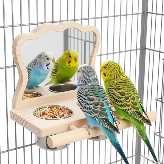 Feeder with Acrylic Mirror & Stainless Steel Bowls, Natural Wood Perch, Cage Accessories, Parakeet Cage Accessories, Tool-Free Adjustable Supplies for Parakeet Cockatiel Lovebird