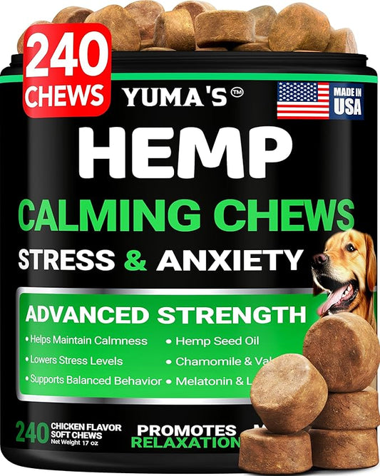 Hemp Calming Chews for Dogs - 240 Treats - Advanced Dog Calming Chews - Anxiety Relief Supplement Treats with Melatonin - Sleep Aid for Separation, Barking, Stress, Hip and Joint Support Made in USA