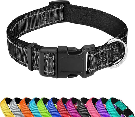 Reflective Dog Collar, Adjustable Soft Neoprene Padded Nylon Pet Collars with Buckle for Large Dogs, Black,L