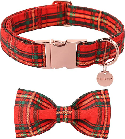 Christmas Dog Collar with Bow Tie, Cotton Christmas Plaid Collar for Medium Girl Boy Dog,Red &Green Plaid Dog Collar Bowtie with Durable Metal Buckle,Adorable Pet Collar,S,Neck 10-16in