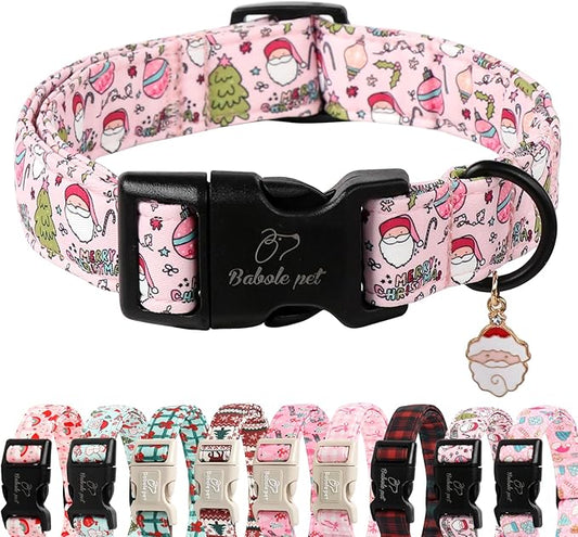 Christmas Dog Collar for Large Dogs - Cute Santa Print Pink Christmas Collars for Dogs, Soft Adjustable Winter Holiday Dog Collars with Quick Release Buckle L