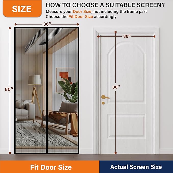 Magnetic Screen Door, Heavy Duty Door Screen Magnetic Closure Keep Bugs Out,Pet & Kid Friendly，Hands Free Door Screen Fit Door Size 36 x 96 Inches ‎Black
