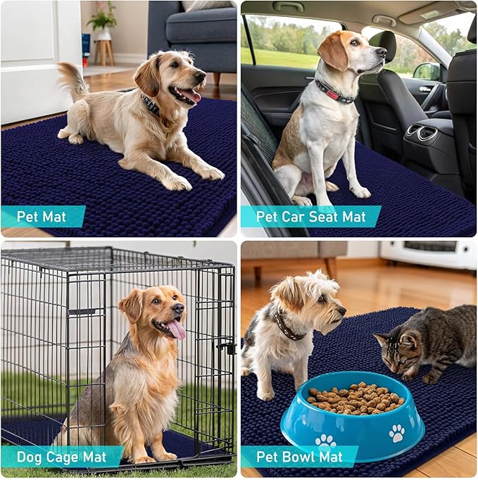 OLANLY Dog Door Mat Set 4-Piece 30x20, Absorbs Moisture and Dirt, Absorbent Non-Slip Washable Doormat, Quick Dry Chenille Mud Mat for Dogs, Entry Indoor Entryway Carpet for Inside Floor, Navy Blue