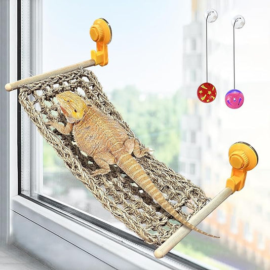 VCEPJH Bearded Dragon Window Perch Reptile Window Hammock Natural Seagrass Lizard Lounger Bed with Powerful Suction Cups Climbing Toys Tank Accessories for Gecko Chameleon Basking (15.75 * 7.87)