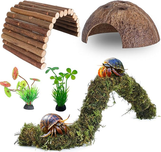 Hermit Crab Accessories, Hermit Crab Climbing Toys Bendable Bridge Coconut Shell Hideout Hut Plants for Crested Gecko Chameleon Reptile Amphibians Supplies