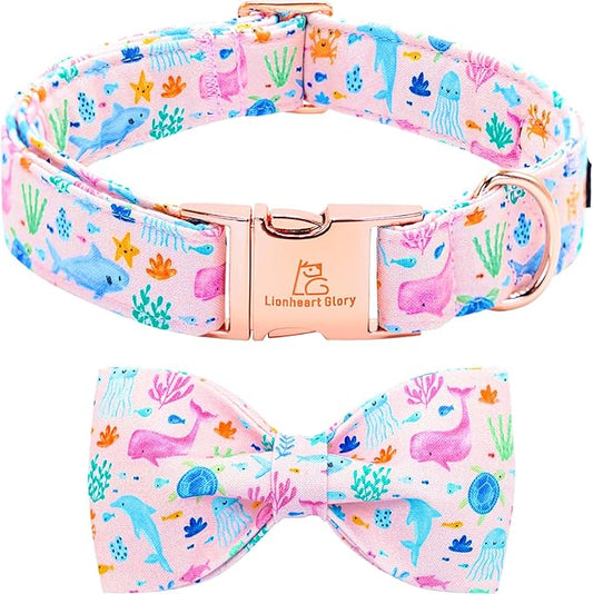 Lionheart glory Dog Bow Collar Sea Animals Print Pink Dog Collar for Medium Dogs,Female Male Dog Collars with Bowtie Spring Summer Collars Soft Adjustable Pet Collar Bows