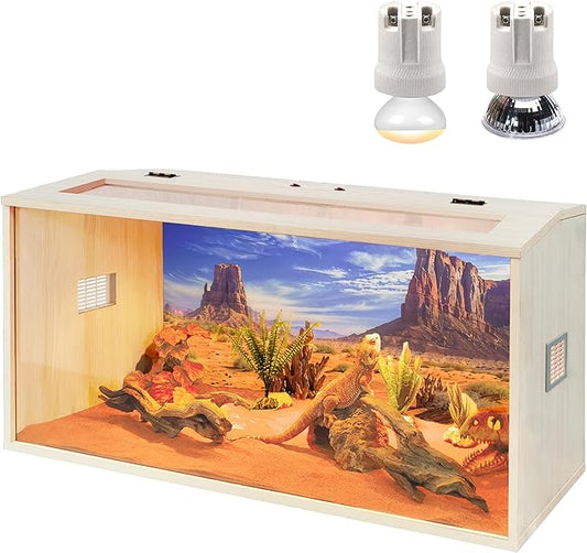 PROLEE Tempered Glass Bearded Dragon Tank,Wooden Reptile Tank and Lizard Tank, Large Bearded Dragon Enclosure with Built-in Lamp Fixture, Snake Tank (Wooden-Topped roof, 32inch,32 Gallons)