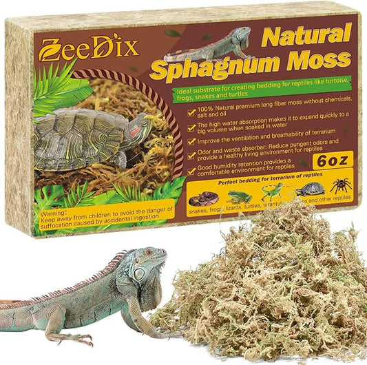 ZeeDix 6OZ Premium Sphagnum Moss for Reptiles, 8QT Dried Moss for Terrarium Long Fibered Leopard Gecko Moss Natural Sphagnum Peat Moss Bedding for Frogs Anoles Snake Turtle Plants