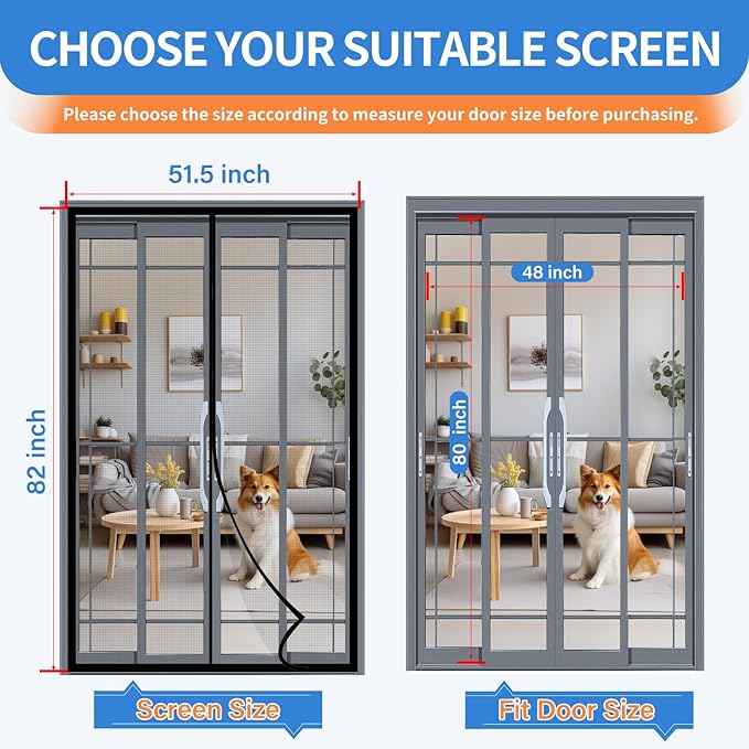 Upgraded PET Mesh Magnetic Screen Door Stronger Than Fiberglass and Polyester,Hands Free,Keep Bugs Out,Pet & Kid Friendly,Suitable for Sliding Doors,Patio and French Doors-48" X 80"
