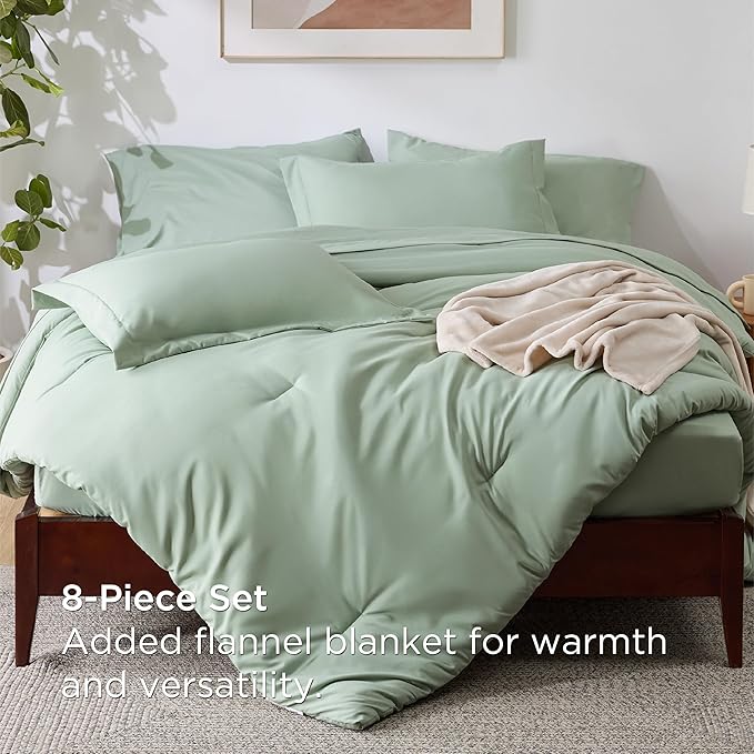 Bedsure Full Comforter Set Sage Green, 8 Pieces Prewashed Full Size Bed in a Bag with Soft Fleece Bed Blanket, Down Alternative Bedding Set for All Seasons, Sheets, Pillowcases & Shams