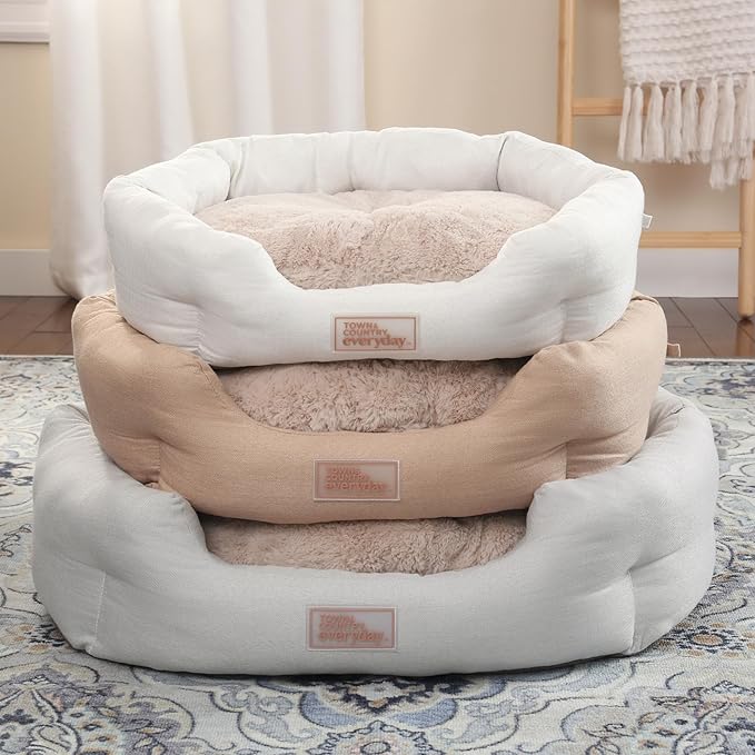 TOWN & COUNTRY EVERYDAY CuddleTown Faux Linen Comfy Cozy Cuddler Pet Bed, Supportive & Calming, Non-Slip Bottom, Machine Washable Cover, Warm Taupe, Small 22"x20"x7"