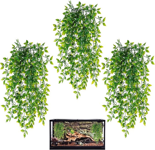 HERCOCCI Reptile Plants, 3 Pack Terrarium Hanging Plants Vines Artificial Leaves Habitat Decorations with Suction Cup for Bearded Dragon Hermit Crab Lizard Snake Geckos Chameleon