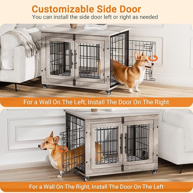 Lulive Dog Crate Furniture for Medium Dogs, 32'' Dog Kennel Indoor with Cushion & Wheels Wooden Dog Cage Double Doors Dog Crate End Table, Grey