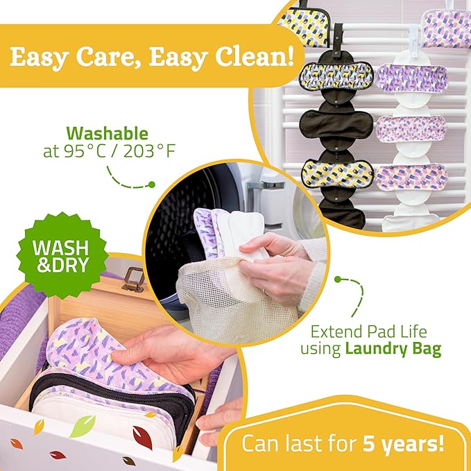 Non-Slip Organic Reusable Period Pads for Heavy Flow & Incontinence (L+XL, 6-Pack); High-Temp Viscose Washable Cloth Pads for Women; Non-Irritating, Soft Reusable Pad Menstrual for Comfortable Care