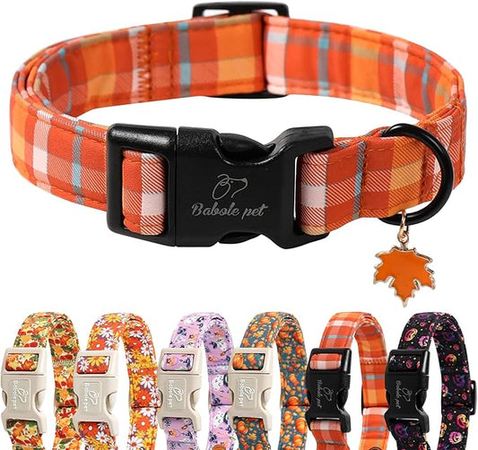 Fall Dog Collar Cute Orange Plaid Puppy Collar - Light Comfortable Adjustable Pet Collars for Small Medium Large Girl Boy Dogs M