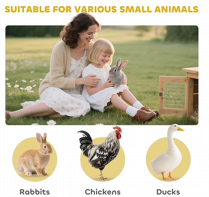 PawHut Wooden Bunny Rabbit Hutch, Small Animal Habitat with Ramp, Removable Tray & Weatherproof Roof, for Rabbits, Chickens, Ducks, Indoor/Outdoor, Yellow