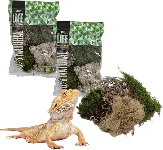 The Habitat Life - Natural Variety Pack - Mix of Reindeer, Mood, Sheet & Spanish Moss - for All Terrariums - Humidity Control - Breathable Bedding - Dye-Free & Safe - Small - 2 Pack