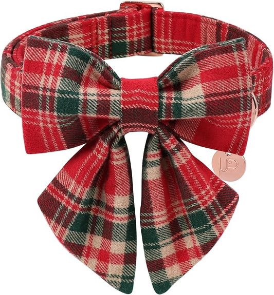 Christmas Plaid Dog Collar with Bow Tie– Adjustable Red & Green Checkered Dog Collar for Small Medium Large Dogs, Soft Xmas Plaid Puppy Collars with Quick Release Buckle XL