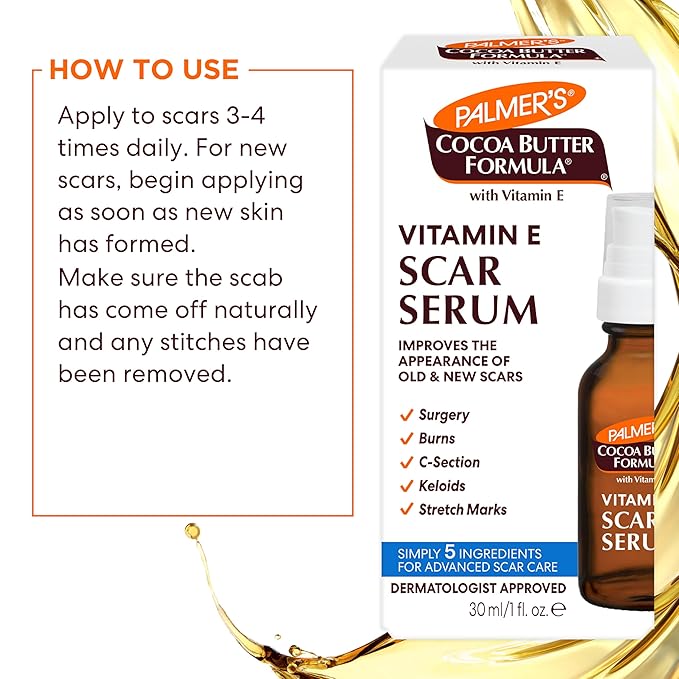 Palmer's Cocoa Butter Formula Scar Serum, Skin Brightening Oil for Face & Body, Concentrated Serum with Vitamin E, Fragrance Free, 1 Fl Oz
