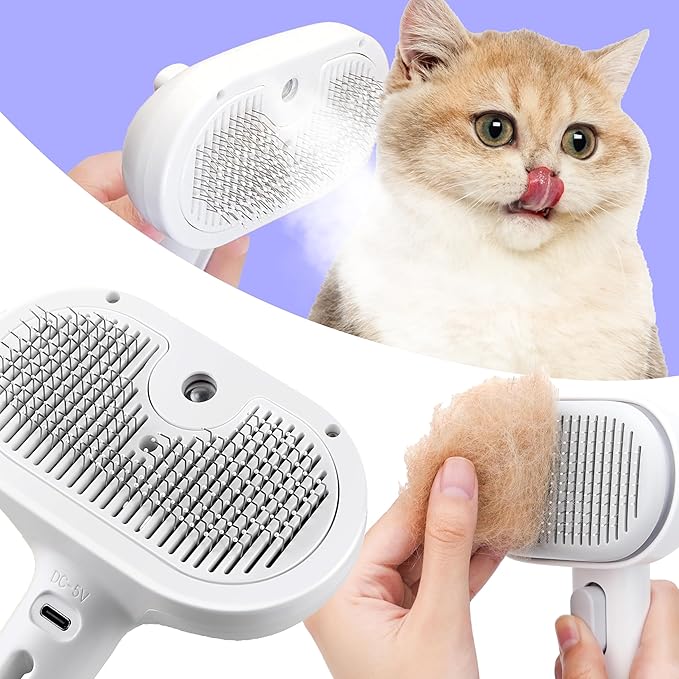 Rechargeable Silicone 3 in 1 Pet Hair Removal Tool - Self Cleaning Steamy Brush for Massage, Shedding & Grooming - Cat & Dog Hair Remover