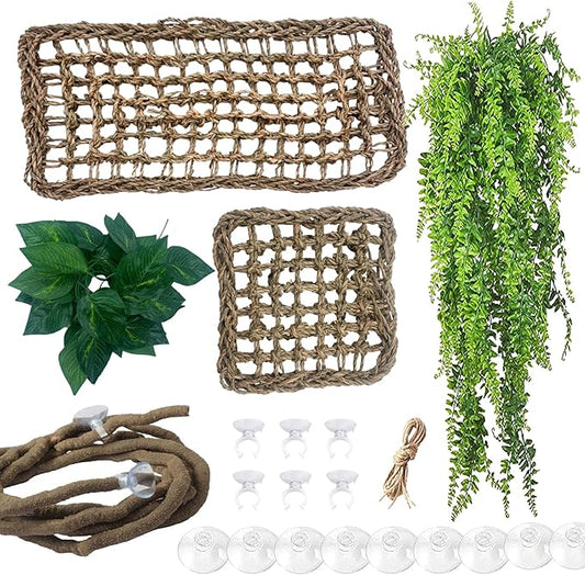 Bearded Dragon Tank Hammock,Natural Seagrass Reptile Lounger Hammocks Decor Flexible Leaves Jungle Climber Vines Habitat Accessories for Lizard Chameleon Gecko Snakes(5 PCS)