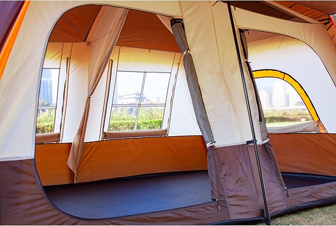 KTT Large Family Cabin Tent 10-12 Person,14.1X10X6.58ft,2 Rooms,3 Storage Pockets,2 Bay-Windows 3 Doors and 3 Windows with Mesh,Straight Wall,Waterproof,Double Layer,Big Tent for Outdoor,Camping