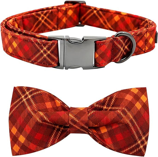 Fall Dog Collar, Pet Collar with Bow Plaid Dog Collar Girl Boy Holiday Puppy Collar Gift Bow Collar Soft Cute Collars for X-Small Puppy