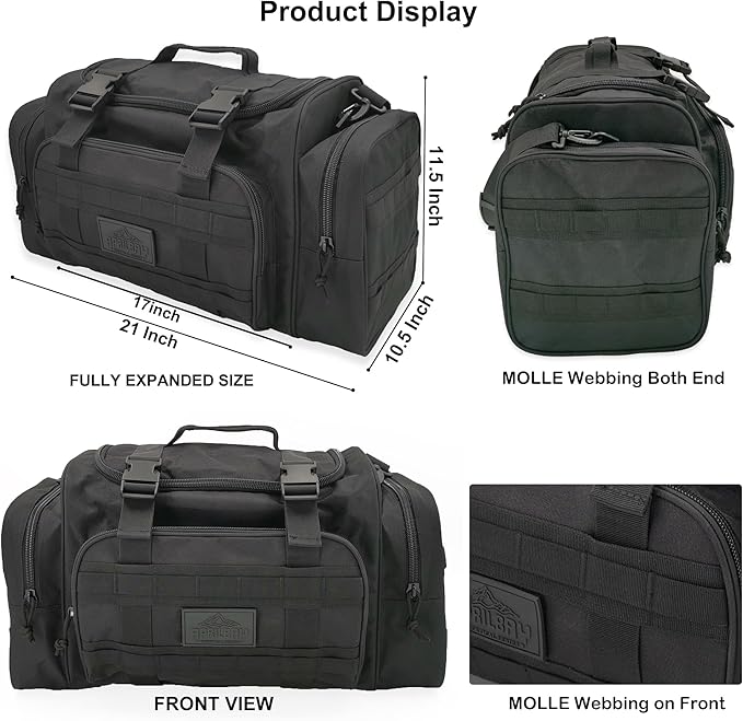 Duffel Bag – Heavy Duty Tactical Gym Bag for Men, Splashwater-Proof Weekender Travel Bag for Basketball, Football, Soccer, Hiking, and Hunting (Black)