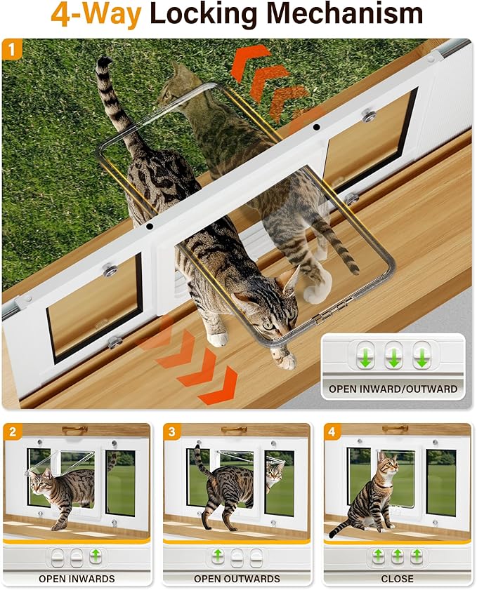 Cat Door for Window Weatherproof: Aluminum Frame Flap Pet Door Quick Fit Window Insert - Easy Adjustable to Fit Windows Width 27"-32" - 4 Secure Lock Modes with Magnetic Closure for Dog Cats