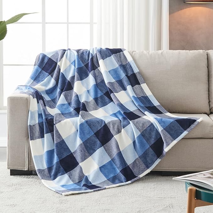 SOCHOW Buffalo Plaid Flannel Fleece Throw Blanket 60 x 80 Inches, Soft Lightweight Cozy All Season Blue/White Checkered Blanket for Bed, Couch, Car