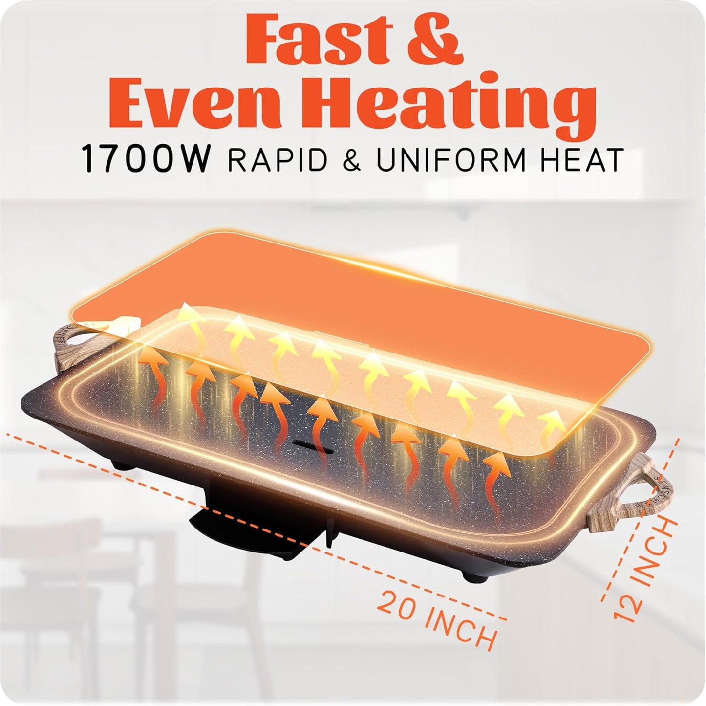 12x20inch Electric Griddle by BBQ Masters, 1700W Fast Even Heating, ILAG Granite Nonstick, Sloped Cooking Surface, Frameless Design for Easy Cleaning, Great for Family Gatherings, Black