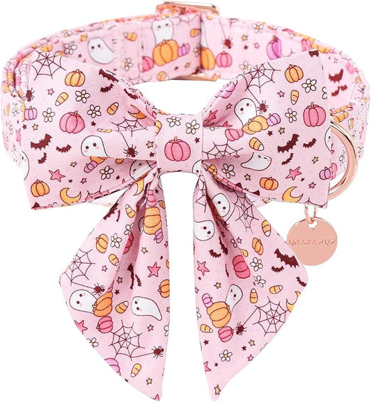 Halloween Dog Collar with Pink Floral Bowtie, Premium Cotton, Sturdy Metal Buckle, S Size for Small Dogs