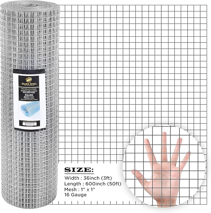 36” x 50 FT Hardware Cloth 1 inch Mesh 16 Gauge, Hot Dip Galvanised Wire Mesh, Rust Proof, Welded Cage Wire Rolls for Garden, Fence, Chicken, Rabbit, Pet Enclosures