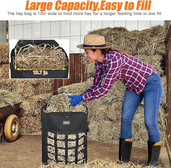 Hay Bags for Horses,Two-Sided Premium Oxford Slow Feed Hay Bags for Goats,Sheep,Donkey,Large Top Opening with Hook-and-Loop Seals,Easy to Hang with Adjustable Strap (Black, Large 2 Packs)