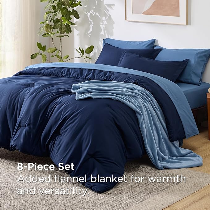 Bedsure King Comforter Set Navy Blue, 8 Pieces Prewashed King Size Bed in a Bag with Soft Fleece Bed Blanket, Down Alternative Bedding Set for All Seasons, Sheets, Pillowcases & Shams