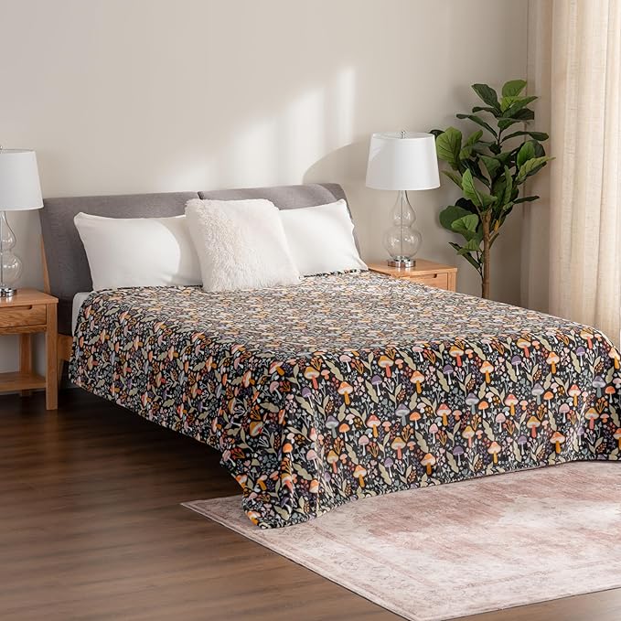 Berkshire Blanket-Classic Heavyweight Soft Printed VelvetLoft® Plush Warm Blanket, Twin Size Soft Fuzzy Blanket for Couch Sofa Bed, Mushroom Cutie Charcoal, 60in x 90in